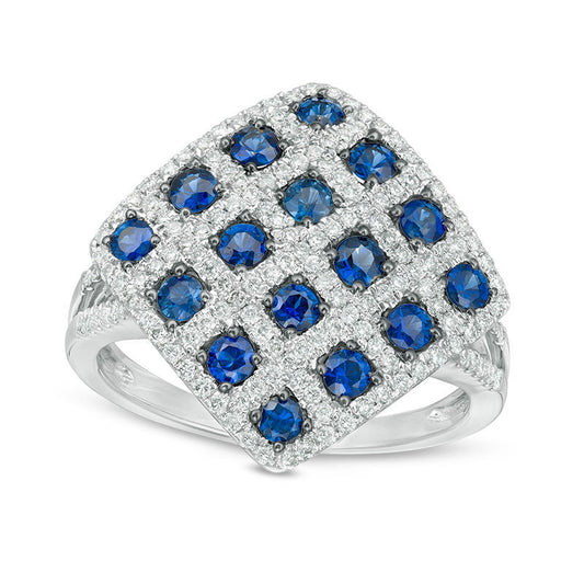 Blue Sapphire and 0.63 CT. T.W. Natural Diamond Grid Pattern Tilted Square Split Shank Ring in Solid 14K White Gold