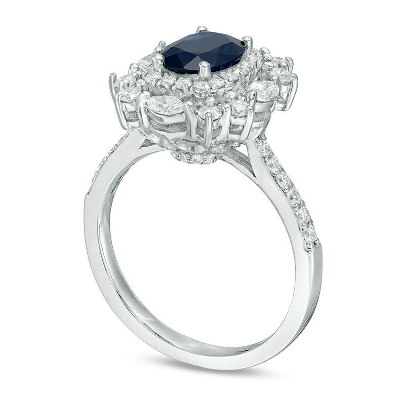 Oval Blue Sapphire and 1.0 CT. T.W. Natural Diamond Cushion-Shape Starburst Frame Antique Vintage-Style Ring in Solid 14K White Gold
