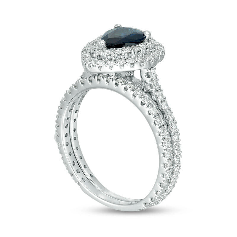 Pear-Shaped Blue Sapphire and 1.0 CT. T.W. Natural Diamond Double Frame Bridal Engagement Ring Set in Solid 14K White Gold
