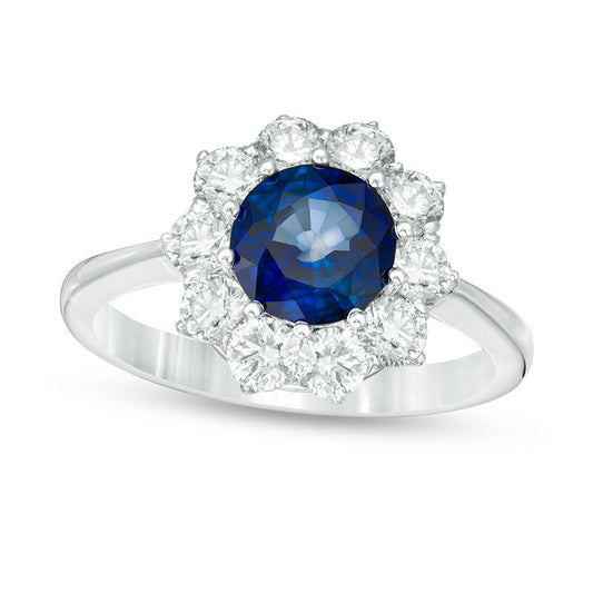 7.0mm Blue Sapphire and 1.0 CT. T.W. Natural Diamond Sunburst Frame Ring in Solid 14K White Gold