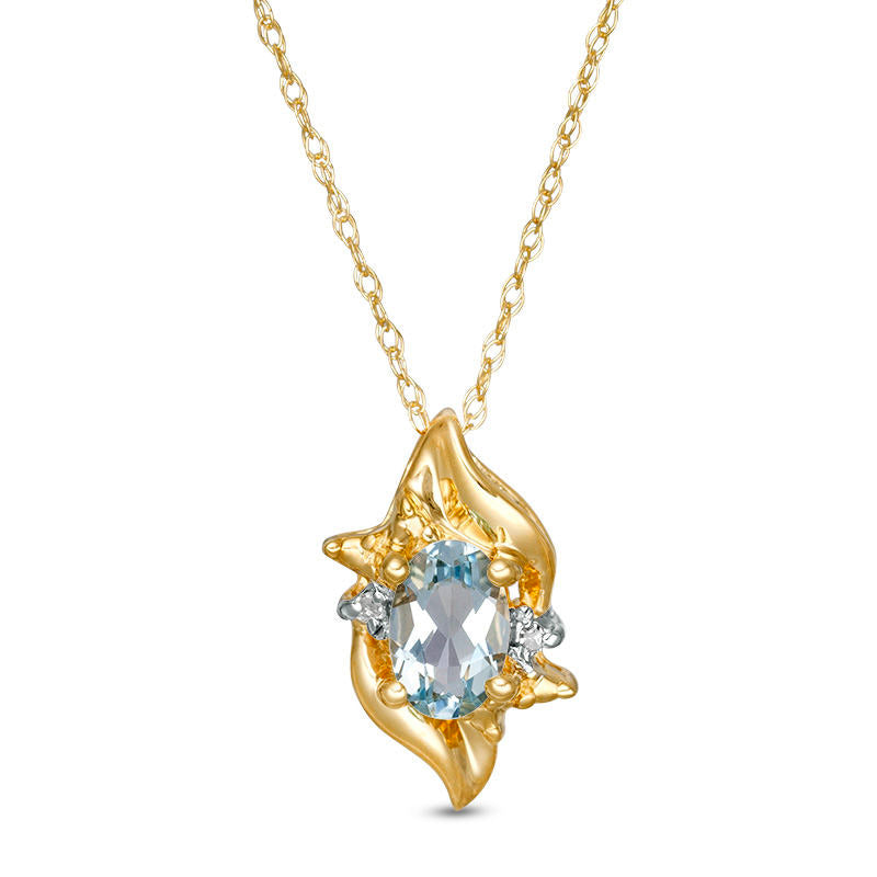 Oval Aquamarine and Natural Diamond Accent Flame Burst Pendant in 10K Yellow Gold
