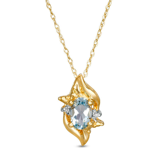 Oval Aquamarine and Natural Diamond Accent Flame Burst Pendant in 10K Yellow Gold