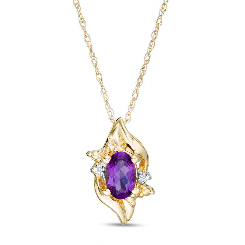 Oval Amethyst and Natural Diamond Accent Flame Burst Pendant in 10K Yellow Gold