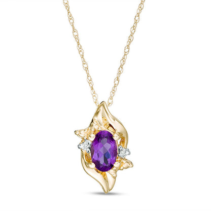 Oval Amethyst and Natural Diamond Accent Flame Burst Pendant in 10K Yellow Gold