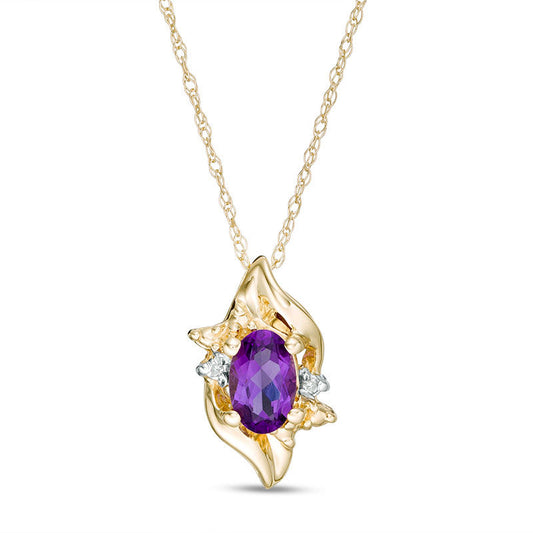 Oval Amethyst and Natural Diamond Accent Flame Burst Pendant in 10K Yellow Gold