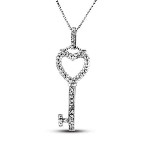 Natural Diamond Accent Heart-Top Key Pendant in 14K White Gold