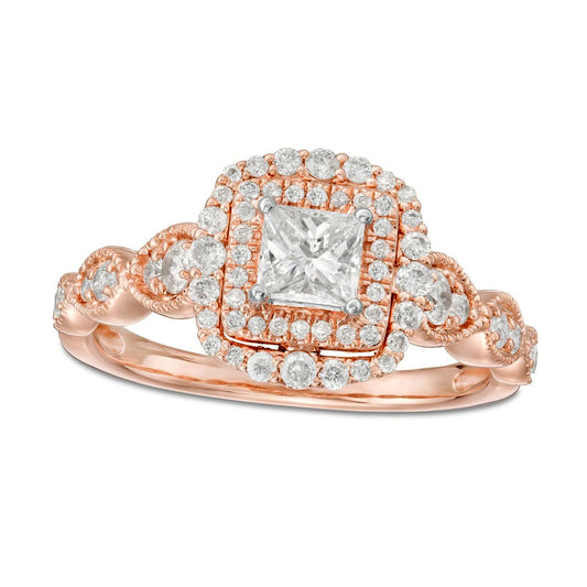 0.88 CT. T.W. Princess-Cut Natural Diamond Double Frame Art Deco Antique Vintage-Style Engagement Ring in Solid 10K Rose Gold