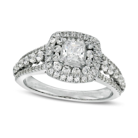 1.25 CT. T.W. Princess-Cut Natural Diamond Cushion Frame Engagement Ring in Solid 14K White Gold