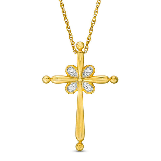 0.05 CT. T.W. Natural Diamond Flower Cross Pendant in 10K Yellow Gold