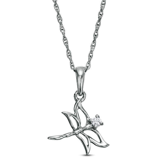 Natural Diamond Accent Tilted Dragonfly Pendant in Sterling Silver