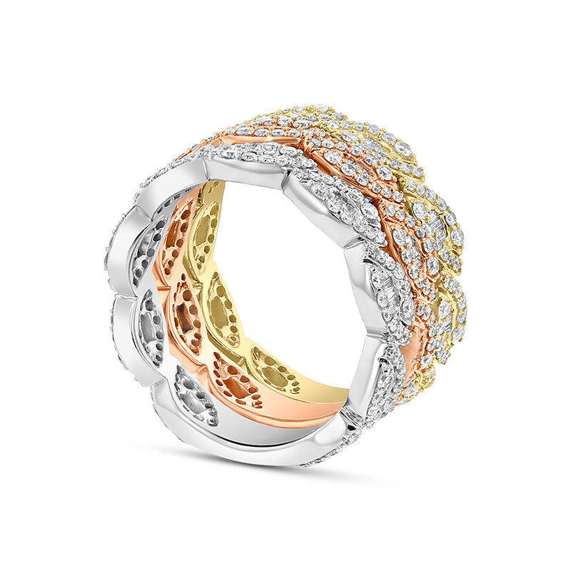 1.5 CT. T.W. Baguette and Round Natural Diamond Leaf Three Piece Stackable Ring Set in Solid 14K Tri-Tone Gold