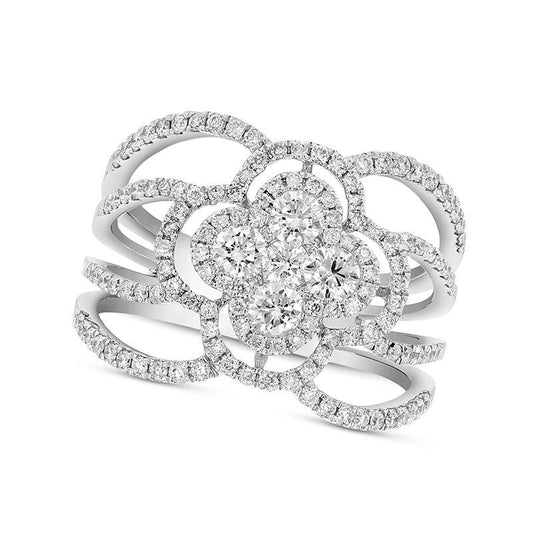 1.0 CT. T.W. Natural Diamond Double Clover Frame Split Shank Ring in Solid 18K White Gold (G/SI1)