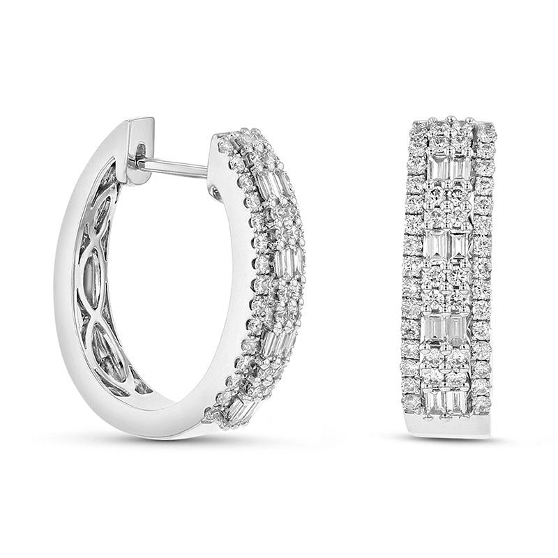 0.88 CT. T.W. Baguette and Round Diamond Multi-Row Hoop Earrings in 18K White Gold (H/SI2)