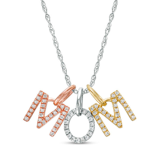 0.17 CT. T.W. Natural Diamond Block Letters "MOM" Pendant in 10K Tri-Tone Gold