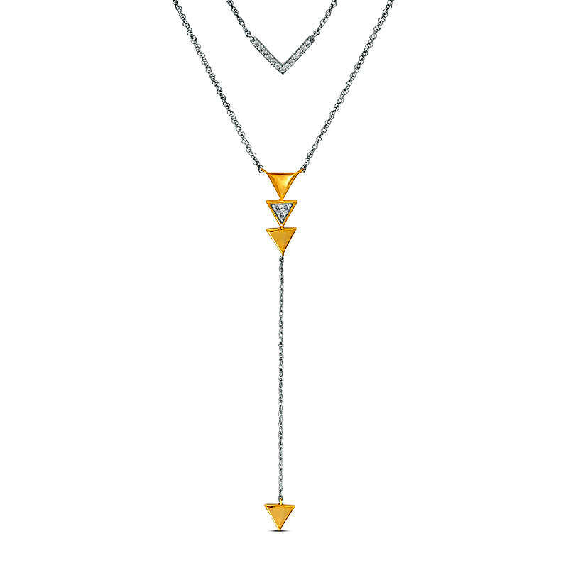 0.13 CT. T.W. Natural Diamond Chevron and Triangle Double Strand "Y" Necklace in Sterling Silver and 10K Yellow Gold - 21.5"