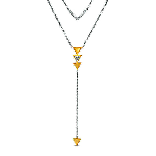 0.13 CT. T.W. Natural Diamond Chevron and Triangle Double Strand "Y" Necklace in Sterling Silver and 10K Yellow Gold - 21.5"