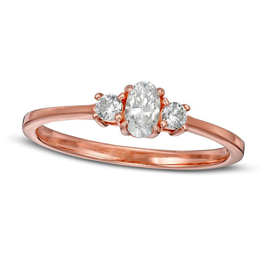 0.50 CT. T.W. Oval and Round Natural Diamond Three Stone Engagement Ring in Solid 14K Rose Gold