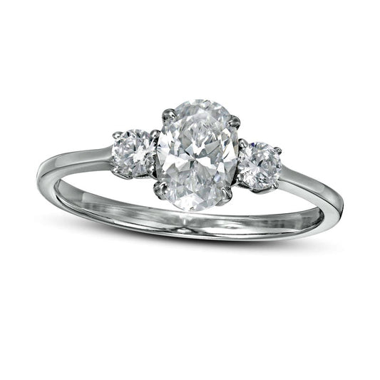 1.0 CT. T.W. Oval and Round Natural Diamond Three Stone Engagement Ring in Solid 14K White Gold
