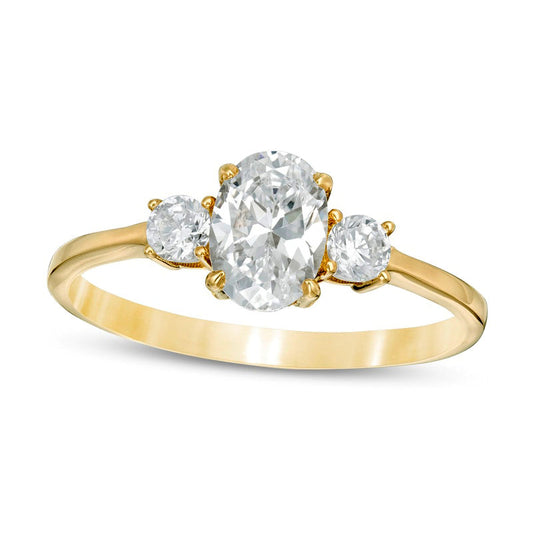 1.0 CT. T.W. Oval and Round Natural Diamond Three Stone Engagement Ring in Solid 14K Gold