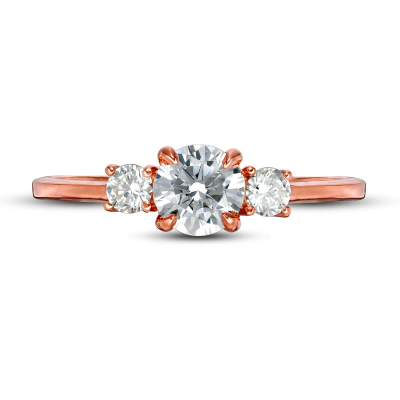 0.63 CT. T.W. Natural Diamond Three Stone Engagement Ring in Solid 14K Rose Gold