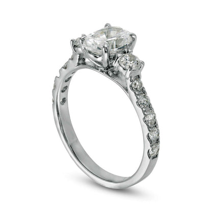 1.75 CT. T.W. Oval and Round Natural Diamond Three Stone Engagement Ring in Solid 14K White Gold