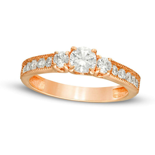 1.0 CT. T.W. Natural Diamond Three Stone Engagement Ring in Solid 14K Rose Gold