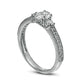 0.88 CT. T.W. Oval and Round Natural Diamond Three Stone Antique Vintage-Style Engagement Ring in Solid 14K White Gold