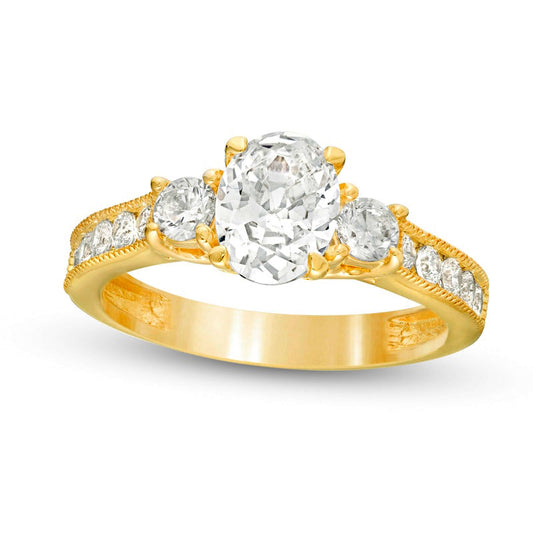 1.75 CT. T.W. Oval and Round Natural Diamond Three Stone Engagement Ring in Solid 14K Gold