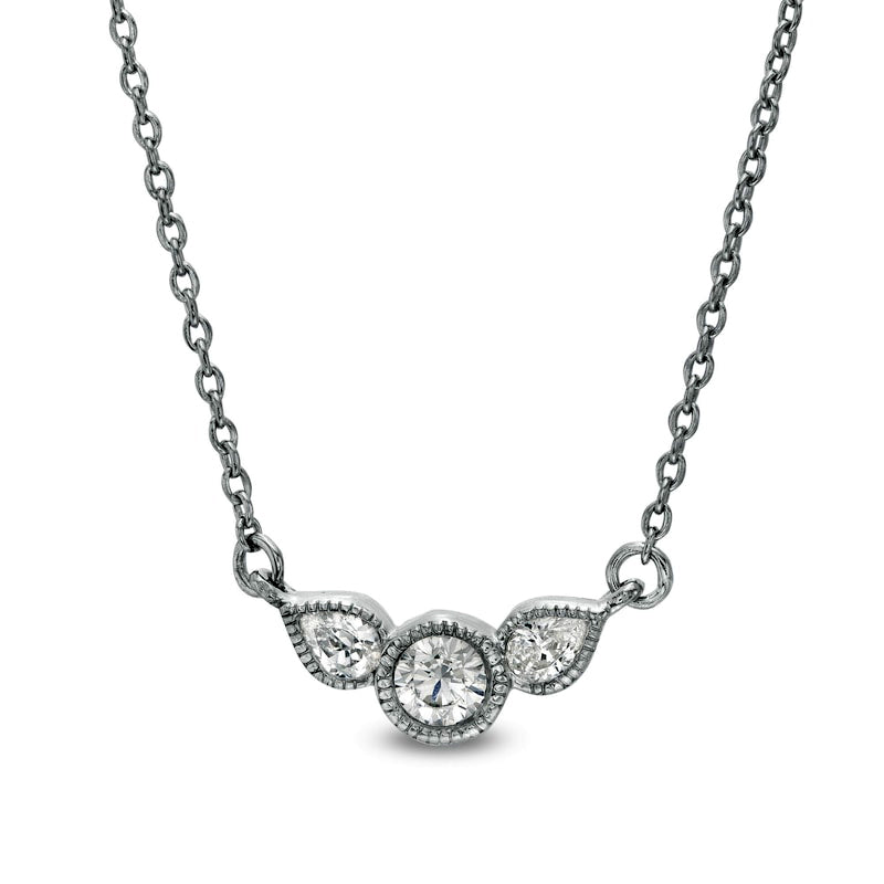 0.2 CT. T.W. Pear-Shaped Natural Diamond Three Stone Antique Vintage-Style Necklace in Sterling Silver