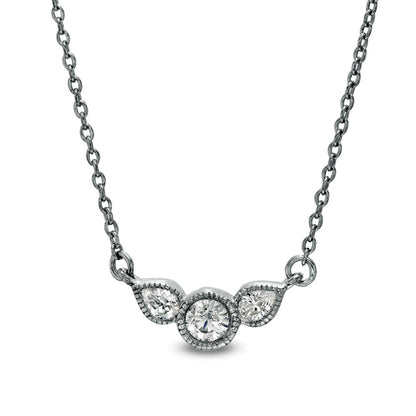 0.2 CT. T.W. Pear-Shaped Natural Diamond Three Stone Antique Vintage-Style Necklace in Sterling Silver