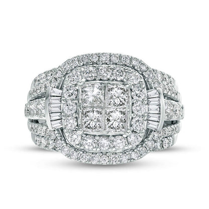 2.0 CT. T.W. Princess-Cut Quad Natural Diamond Double Frame with Collar Engagement Ring in Solid 14K White Gold