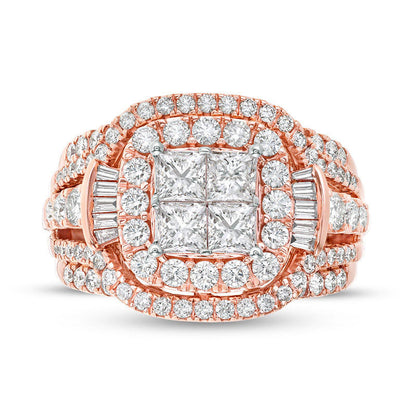 2.0 CT. T.W. Princess-Cut Quad Natural Diamond Double Frame with Collar Engagement Ring in Solid 14K Rose Gold