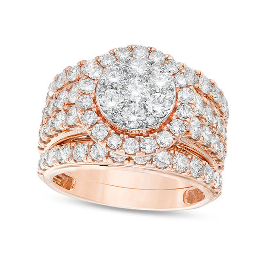 3.0 CT. T.W. Composite Natural Diamond Frame Three Piece Bridal Engagement Ring Set in Solid 14K Rose Gold