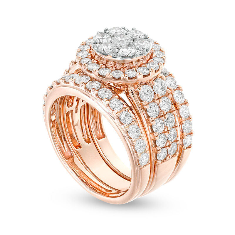 3.0 CT. T.W. Composite Natural Diamond Frame Three Piece Bridal Engagement Ring Set in Solid 14K Rose Gold