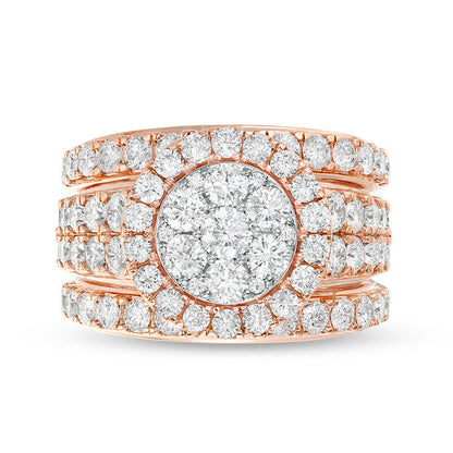 3.0 CT. T.W. Composite Natural Diamond Frame Three Piece Bridal Engagement Ring Set in Solid 14K Rose Gold