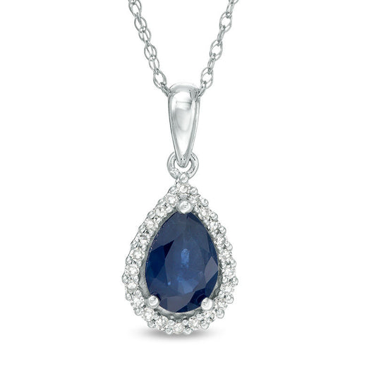 Pear-Shaped Blue Sapphire and 0.07 CT. T.W. Natural Diamond Frame Teardrop Pendant in 10K White Gold