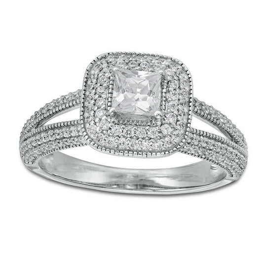 1.0 CT. T.W. Princess-Cut Natural Diamond Double Cushion Frame Antique Vintage-Style Engagement Ring in Solid 14K White Gold