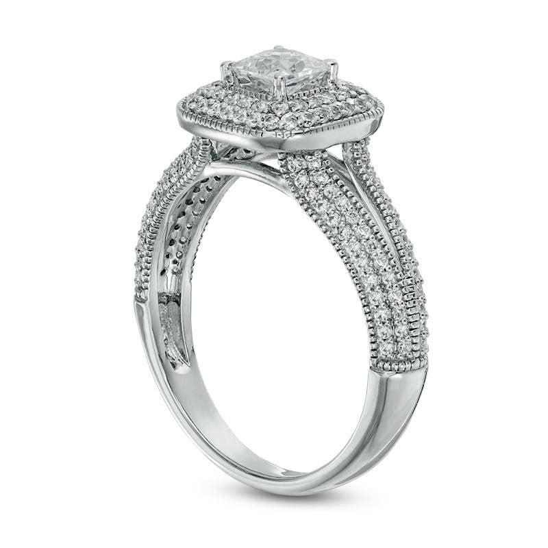 1.0 CT. T.W. Princess-Cut Natural Diamond Double Cushion Frame Antique Vintage-Style Engagement Ring in Solid 14K White Gold