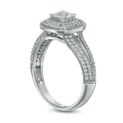 1.0 CT. T.W. Princess-Cut Natural Diamond Double Cushion Frame Antique Vintage-Style Engagement Ring in Solid 14K White Gold