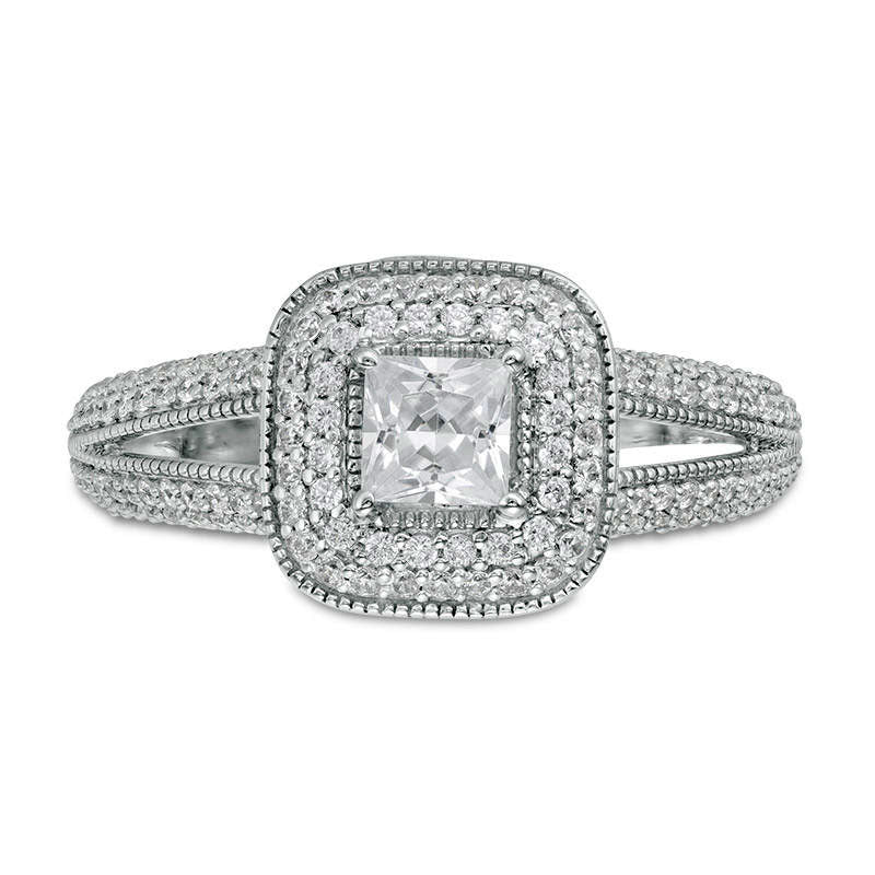 1.0 CT. T.W. Princess-Cut Natural Diamond Double Cushion Frame Antique Vintage-Style Engagement Ring in Solid 14K White Gold