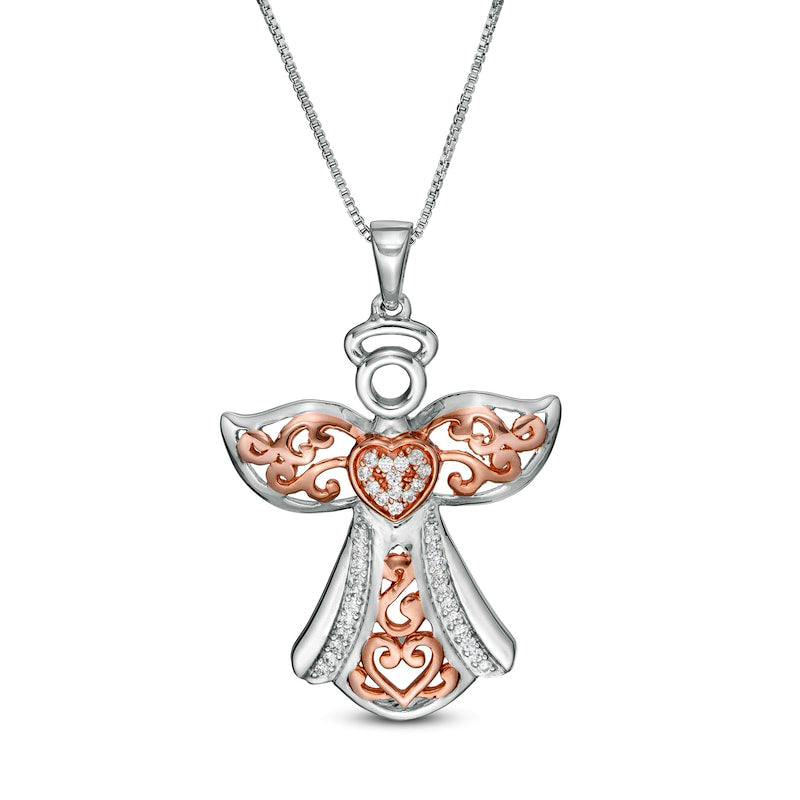 0.13 CT. T.W. Natural Diamond Ornate Angel Pendant in Sterling Silver and 14K Rose Gold Plate