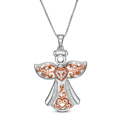 0.13 CT. T.W. Natural Diamond Ornate Angel Pendant in Sterling Silver and 14K Rose Gold Plate