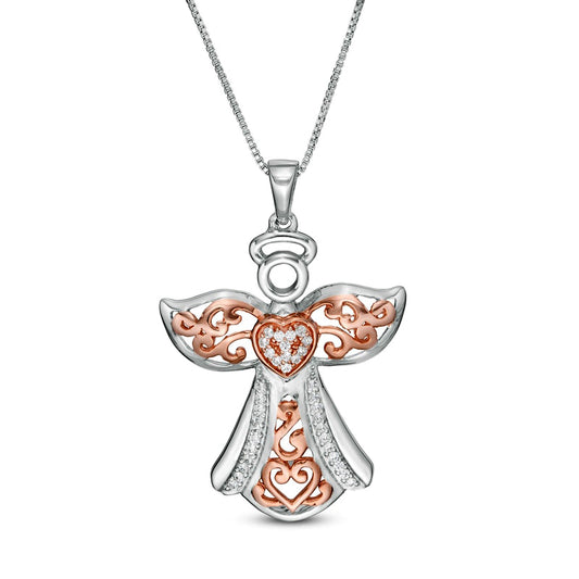 0.13 CT. T.W. Natural Diamond Ornate Angel Pendant in Sterling Silver and 14K Rose Gold Plate