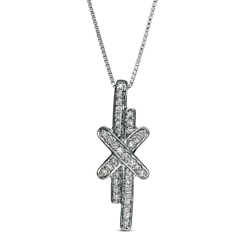 0.13 CT. T.W. Natural Diamond Linear Double Row Bar "X" Pendant in 10K White Gold