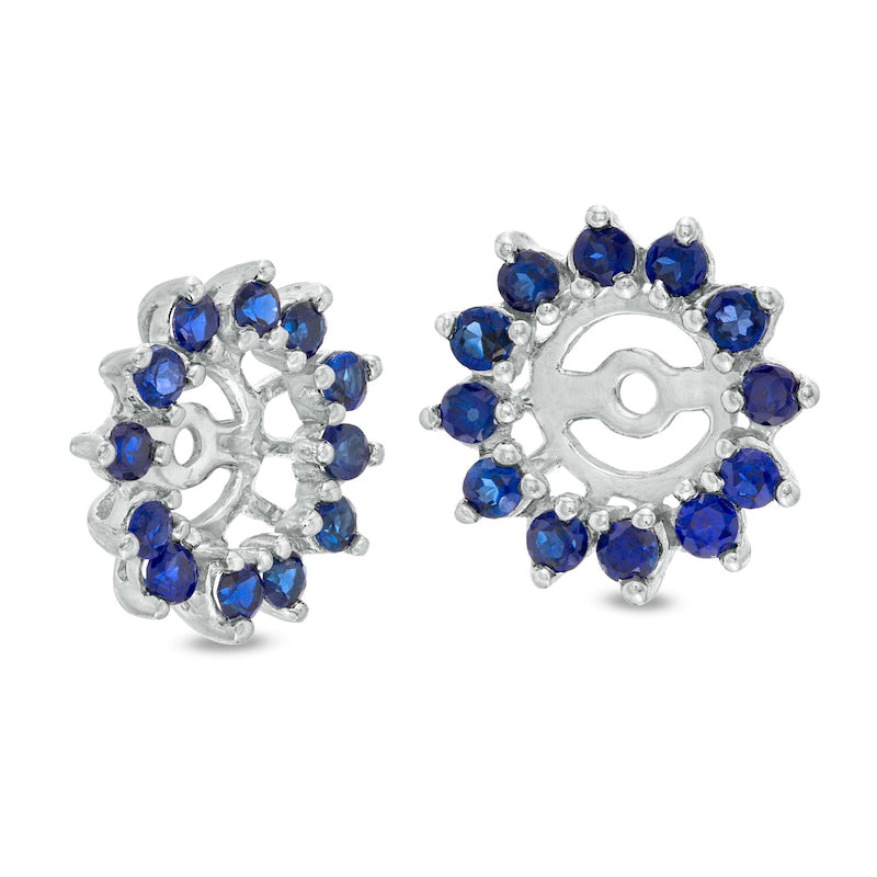 Blue Sapphire Flower Frame Stud Earring Jackets in 14K White Gold