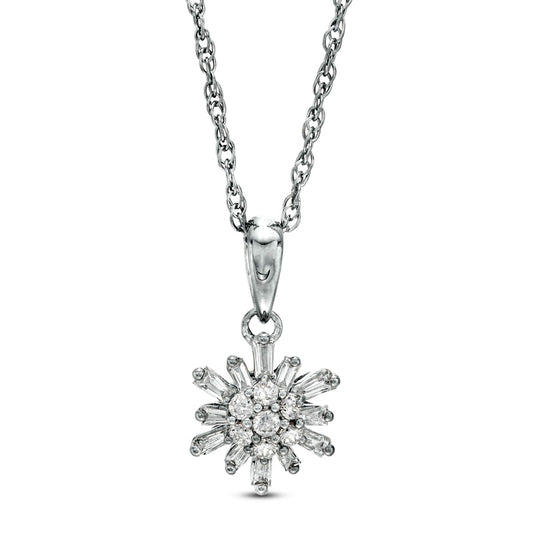0.2 CT. T.W. Baguette and Round Natural Diamond Sunburst Pendant in 10K White Gold