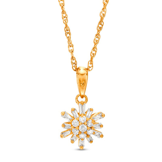 0.2 CT. T.W. Baguette and Round Natural Diamond Sunburst Pendant in 10K Yellow Gold