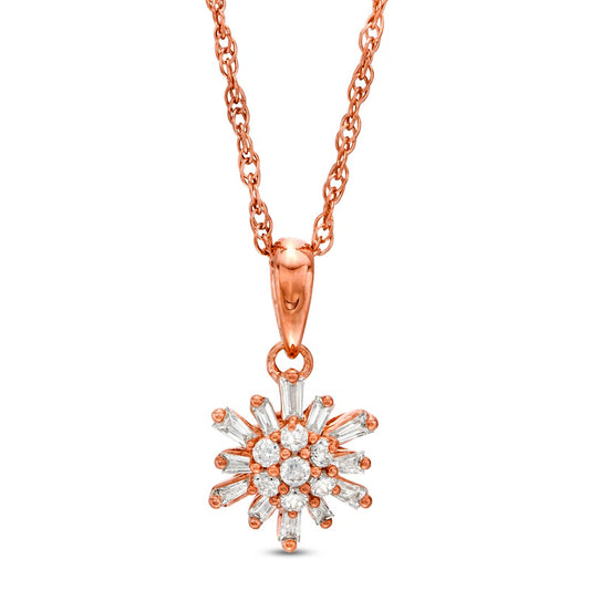 0.2 CT. T.W. Baguette and Round Natural Diamond Sunburst Pendant in 10K Rose Gold