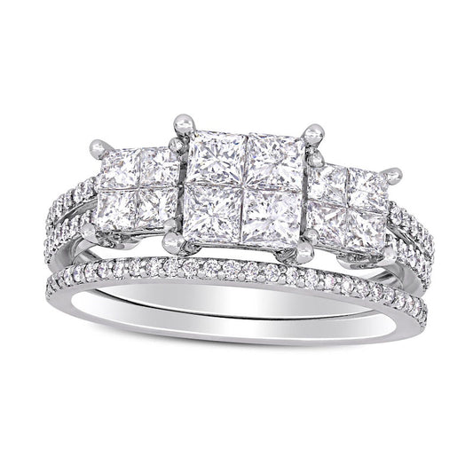 1.33 CT. T.W. Princess-Cut Quad Natural Diamond Three Stone Double Row Bridal Engagement Ring Set in Solid 14K White Gold