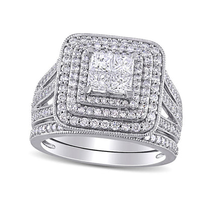 1.5 CT. T.W. Princess-Cut Quad Natural Diamond Triple Frame Split Shank Antique Vintage-Style Bridal Engagement Ring Set in Solid 14K White Gold